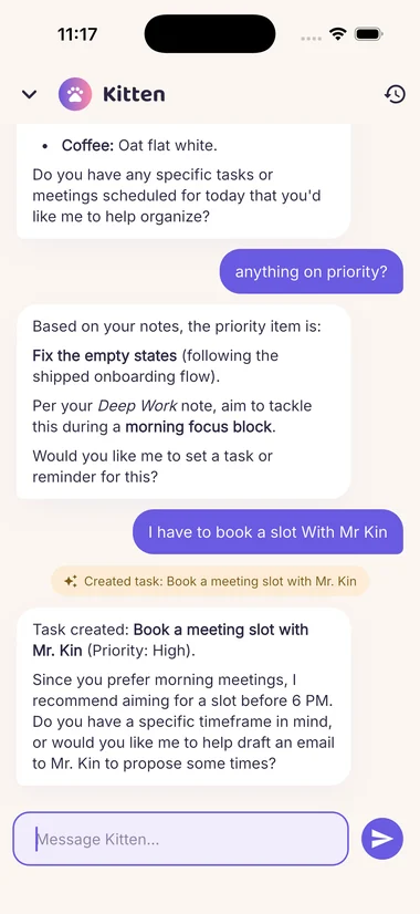 The chat screen, turning a plain sentence into a task and confirming what it created.