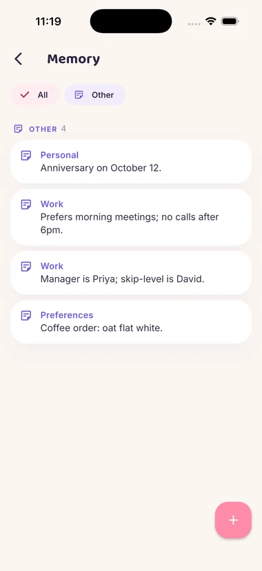 The memory screen, listing saved notes grouped by category.