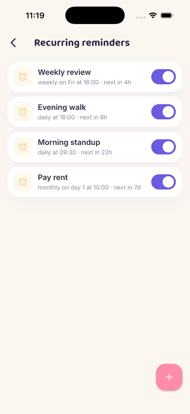 The reminders screen, listing what is scheduled and when it will arrive.