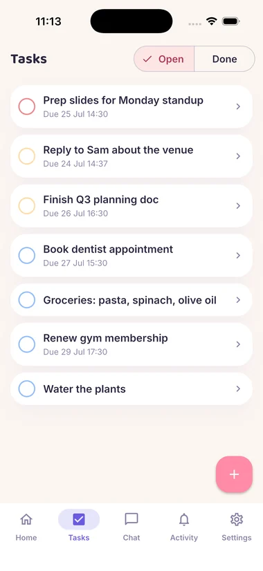 The task list, split between open and done, each row showing when it is due.