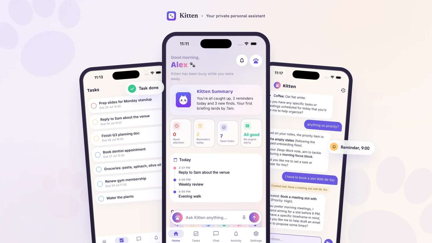 Kitten on iPhone: the home briefing, the task list, and the chat assistant.